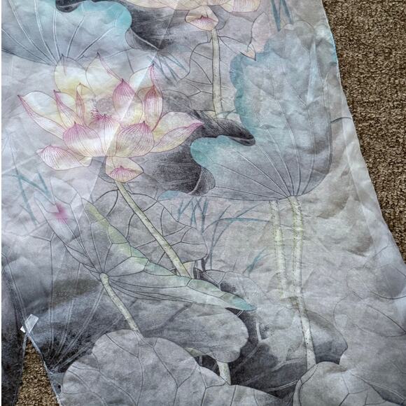 VINTAGE lotus blue green pink floral silky lightweight semi sheer long scarf - Picture 2 of 6